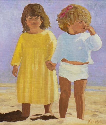 Lot 444 - CHILDREN ON THE BEACH, AN OIL BY K SWAN