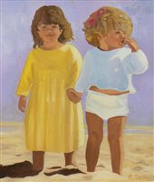 Lot 444 - CHILDREN ON THE BEACH, AN OIL BY K SWAN