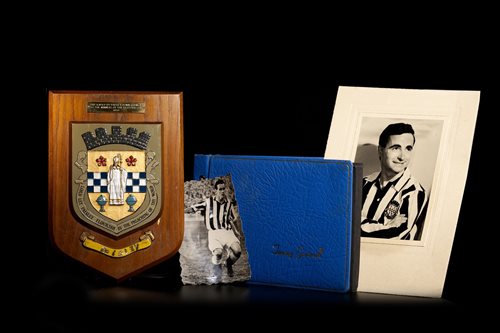 Lot 1918 - TOMMY GEMMELL OF ST MIRREN F.C., A COMMEMORATIVE SHIELD AND PHOTOGRAPHS