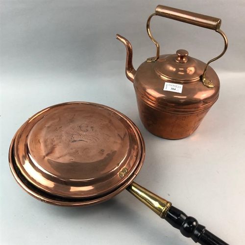 Lot 304 - A COPPER BED WARMING PAN AND A COPPER KETTLE
