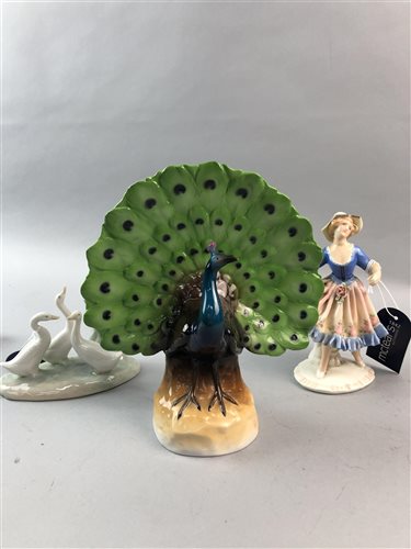 Lot 313 - A GERMAN PORCELAIN FIGURE OF A PEACOCK AND OTHER CERAMIC FIGURES