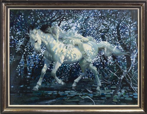 Lot 529 - LADY ON WHITE HORSE. AN OIL