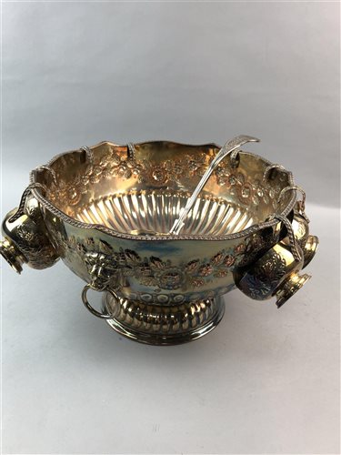 Lot 331 - A SILVER PLATED PUNCH BOWL WITH CUPS AND LADLE
