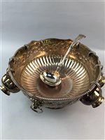 Lot 331 - A SILVER PLATED PUNCH BOWL WITH CUPS AND LADLE