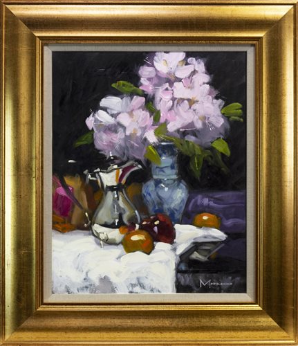 Lot 557 - RHODEDENDRONS AND SILVER POT, AN OIL BY JACK MORROCCO