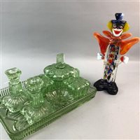 Lot 269 - A GREEN GLASS VANITY SET AND A MURANO GLASS CLOWN