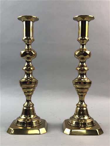 Lot 283 - A PAIR OF BRASS CANDLESTICKS AND TWO CASES OF CUTLERY