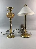 Lot 369 - A PAIR OF BRASS TABLE LAMPS, TWO OTHER LAMPS AND FOUR SHADES