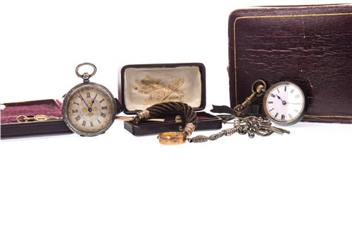 Lot 904 - TWO FOB WATCHES AND A NINE CARAT GOLD MOUNTED WOVEN HAIR WATCH CHAIN