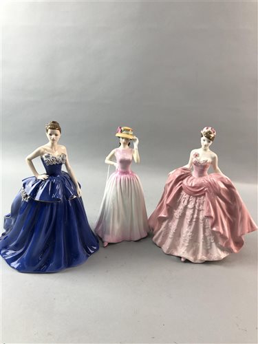 Lot 412 - THREE ROYAL DOULTON FIGURES, A ROYAL WORCESTER FIGURE AND TWO COALPORT FIGURES