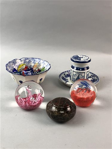 Lot 371 - A LOT OF TWO CAITHNESS PAPERWEIGHTS, ART GLASS SWEETS AND CERAMICS