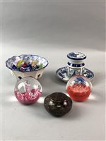 Lot 371 - A LOT OF TWO CAITHNESS PAPERWEIGHTS, ART GLASS SWEETS AND CERAMICS