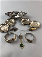 Lot 425 - A SET OF FOUR PIN DISHES, A SILVER DISH AND JEWELLERY