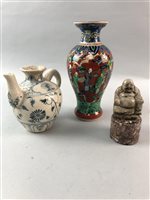 Lot 431 - A CHINESE FAMILLE VERTE STYLE VASE, EWER, INKWELL AND A SOAPSTONE GROUP