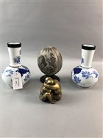 Lot 439 - A REPRODUCTION CARVED OSTRICH EGG. BRASS FIGURE AND A PAIR OF VASES