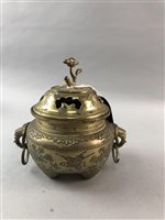 Lot 447 - A CHINESE BRASS TWIN HANDLED CENSER