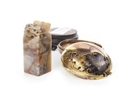 Lot 1199 - A CHINESE SOAPSTONE SEAL AND A HAND WARMER