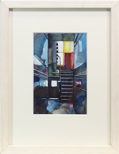 Lot 677 - SHADOWS IN RED, A WATERCOLOUR BY BRYAN EVANS