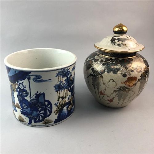 Lot 65 - A CHINESE BLUE AND WHITE CIRCULAR JAR AND A GINGER JAR AND COVER