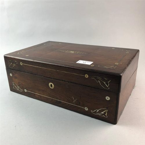 Lot 33 - A ROSEWOOD OBLONG PORTABLE WRITING BOX