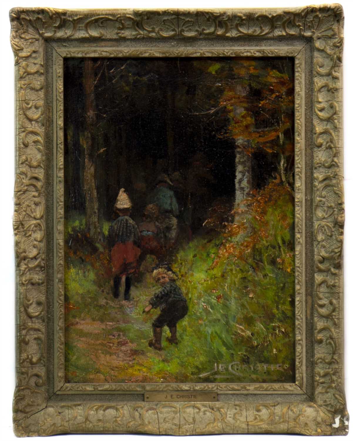 Lot 403 - CHILDREN IN A FOREST SETTING, AN OIL BY JAMES ELDER CHRISTIE