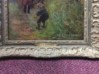 Lot 403 - CHILDREN IN A FOREST SETTING, AN OIL BY JAMES ELDER CHRISTIE