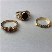 Lot 8 - A NINE CARAT GOLD RING, GEM SET RINGS AND OTHER COSTUME JEWELLERY