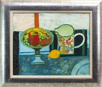 Lot 708 - STILL LIFE (RED PEAR AND LEMON), AN OIL BY DAVID MCLEOD MARTIN