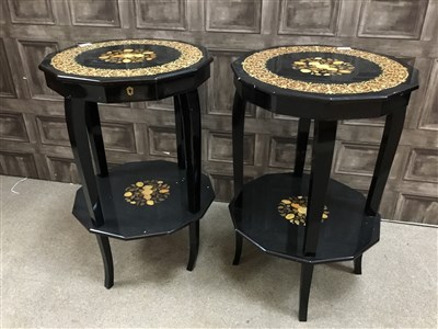 Lot 1862 - A PAIR OF LACQUERED SHAPED CIRCULAR TWO TIER TABLES
