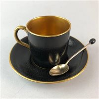 Lot 95 - A SET OF SIX ALLERTONS GILT AND BLACK COFFEE CUPS, SAUCERS AND SPOONS
