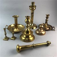 Lot 90 - A BRASS CANDLE SCONCE AND OTHER BRASS WARE