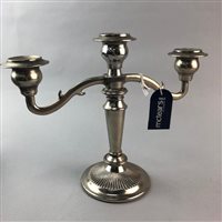 Lot 108 - A SILVER PLATED CANDELABRA, SILVER NAPKIN RING, PLATED CANDLESTICKS AND LOOSE CUTLERY
