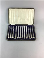 Lot 110 - A SILVER PLATED THREE PIECE TEA SERVICE AND PLATED CUTLERY