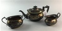 Lot 110 - A SILVER PLATED THREE PIECE TEA SERVICE AND PLATED CUTLERY