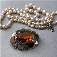 Lot 3 - A SCOTTISH AGATE AND SILVER BROOCH, FOUR LOCKETS AND A PEARL NECKLACE