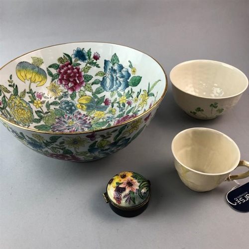 Lot 48 - A CHINESE BOWL, PILL BOX AND A BELLEEK BOWL AND CUP