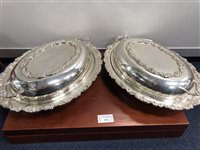 Lot 112 - A CANTEEN OF SILVER PLATED CUTLERY AND TWO PLATED LIDDED TUREENS