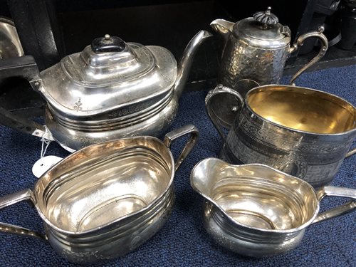 Lot 113 - A SILVER PLATED THREE PIECE TEA SERVICE AND OTHER PLATED ITEMS