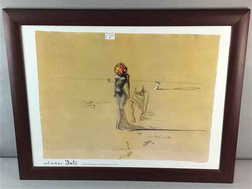 Lot 51 - A PRINT AFTER SALVADOR DALI, (FEMALE FIGURE WITH HEAD OF FLOWERS)