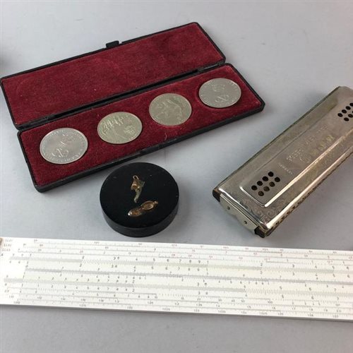 Lot 49 - A ZEISS IKON CAMERA, ARISTO RULER, TWO HARMONICAS AND COINS