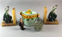 Lot 120 - A PAIR OF FIGURAL BOOKENDS, PAPERWEIGHT, BISCUIT BARRELS AND A POSEY HOLDER