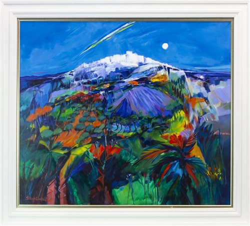 Lot 576 - THE HILLSIDE IN ANDALUSIA, AN ACRYLIC BY SHELAGH CAMPBELL