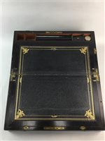 Lot 154 - A VICTORIAN WALNUT AND BRASS BOUND PORTABLE WRITING BOX