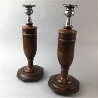 Lot 168 - A PAIR OF WOODEN TABLE CANDLESTICKS, TWO SPORRANS, HAND BELL AND OTHER COLLECTABLES