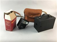 Lot 225 - A POLAROID VINTAGE CAMERA, THREE OTHER CAMERAS AND A FLASHGUN