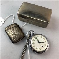 Lot 213 - A SILVER VESTA CASE, POCKET WATCH, COINS AND A DRESSING TABLE SET