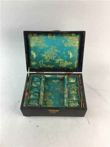 Lot 32 - A CHINESE LACQUER WOOD JEWELLERY BOX, SUGAR BOWL AND TEA CADDY