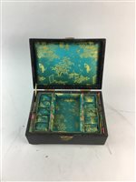 Lot 32 - A CHINESE LACQUER WOOD JEWELLERY BOX, SUGAR BOWL AND TEA CADDY