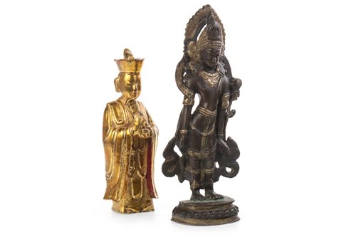 Lot 980 - A CHINESE BRONZE FIGURE AND WOODEN FIGURE