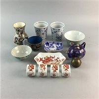 Lot 266 - A MINIATURE TEA POT, FOUR CROWN STAFFORDSHIRE NAPKIN RINGS, CHINESE BOWLS, DISH AND A VASE